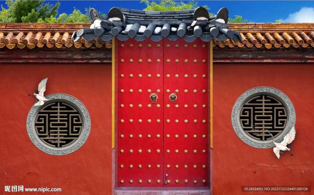 中式古代建筑门头背景墙壁画