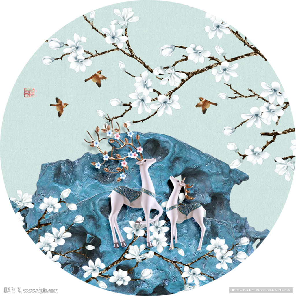 花鸟麋鹿高清艺术挂画装饰画