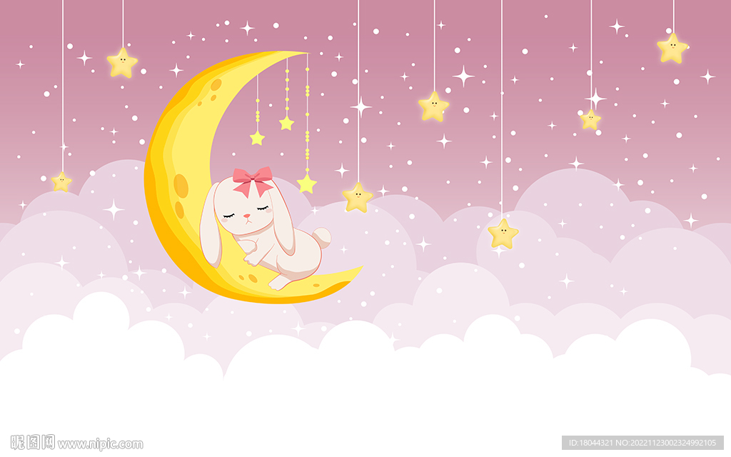 可爱兔子月亮粉色儿童房背景墙