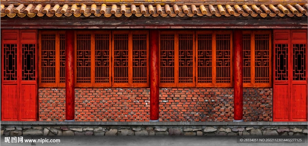 复古中式古建筑餐饮背景墙