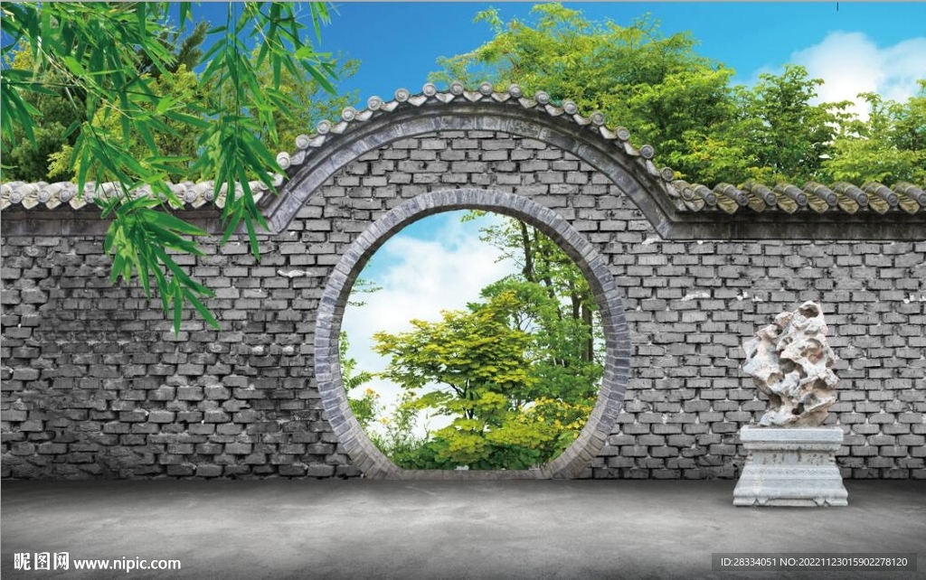 3D中式月亮门建筑背景墙
