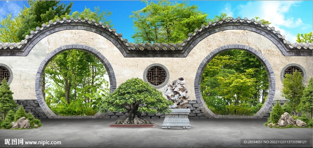 3D中式月亮门建筑背景墙