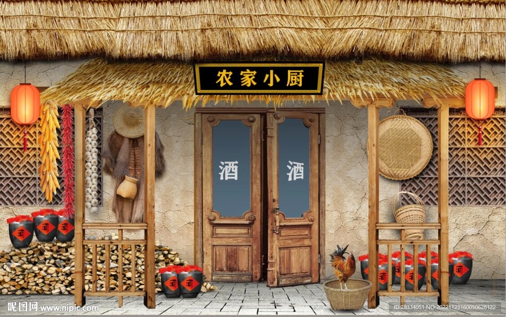 复古80后90后农村民居背景墙