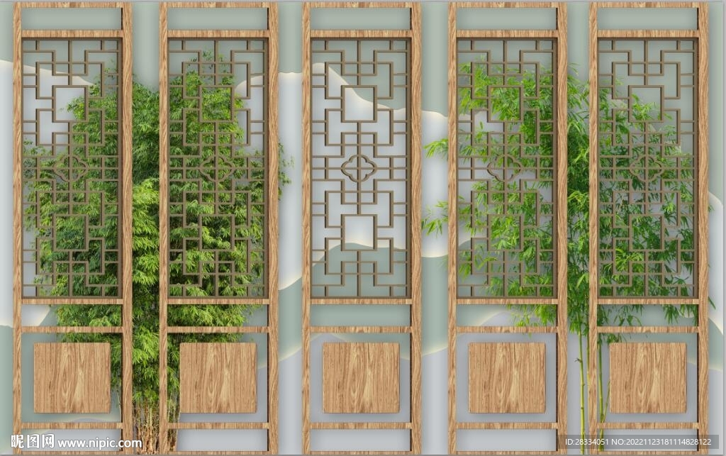 中式门窗竹林风景背景墙壁画