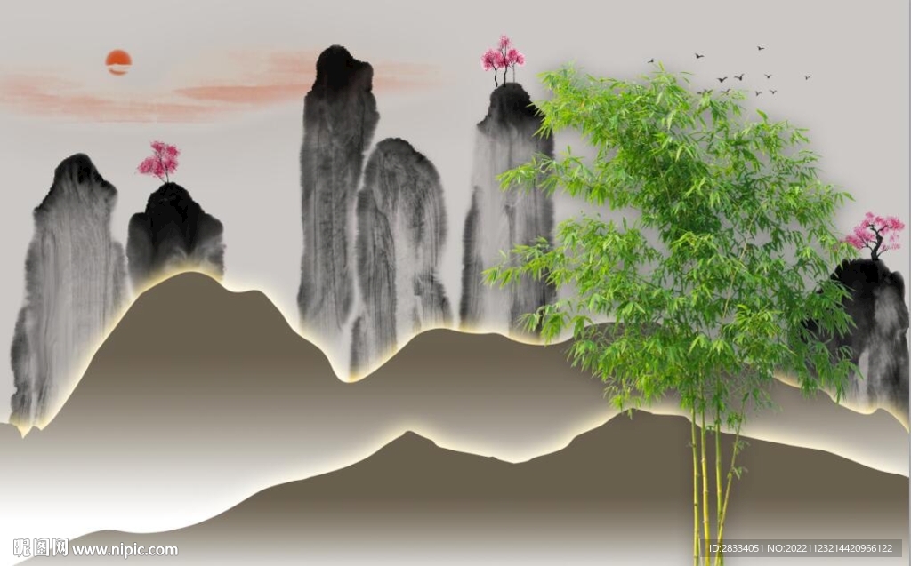 新中式水墨山水竹林背景墙壁画