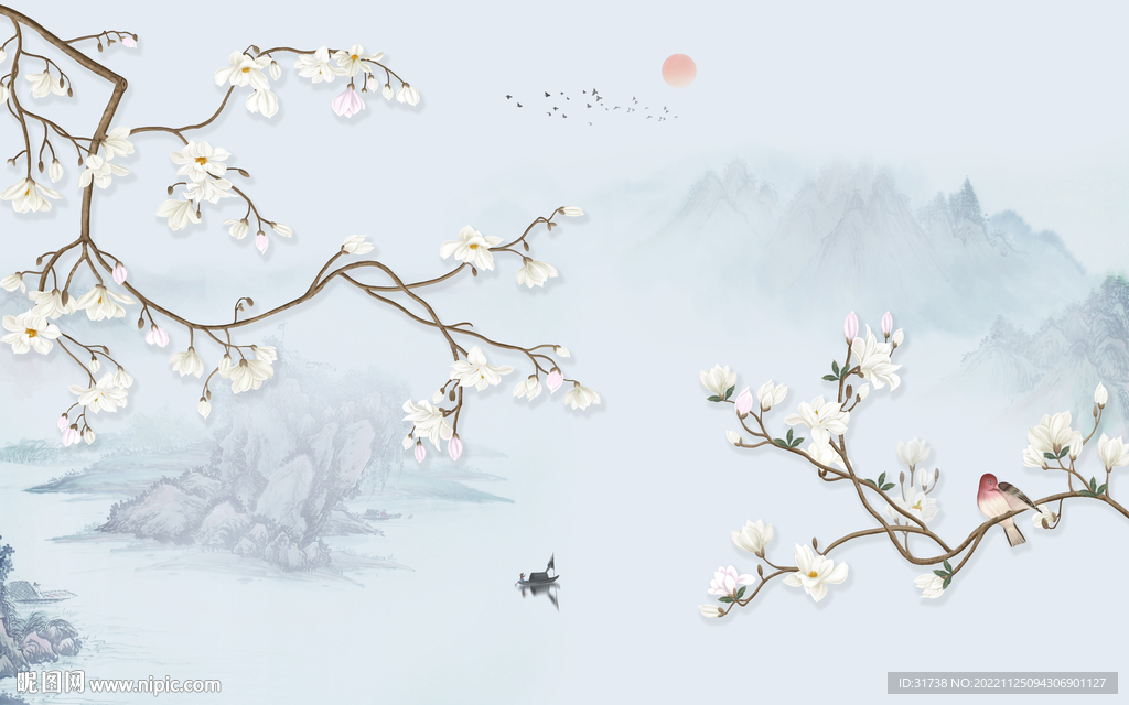 新中式花鸟白玉兰背景墙装饰画