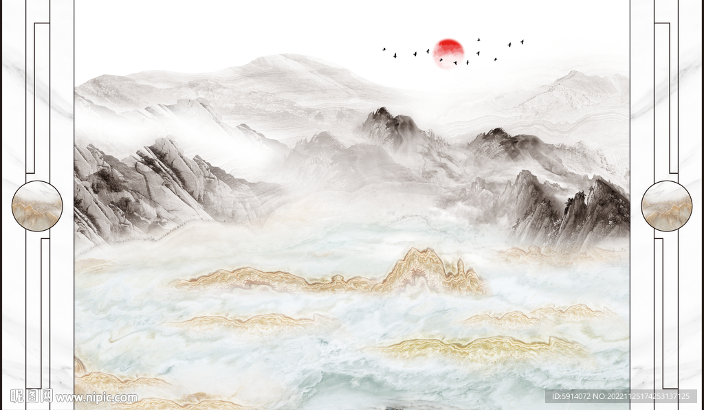 新中式山水画背景墙 日出小船