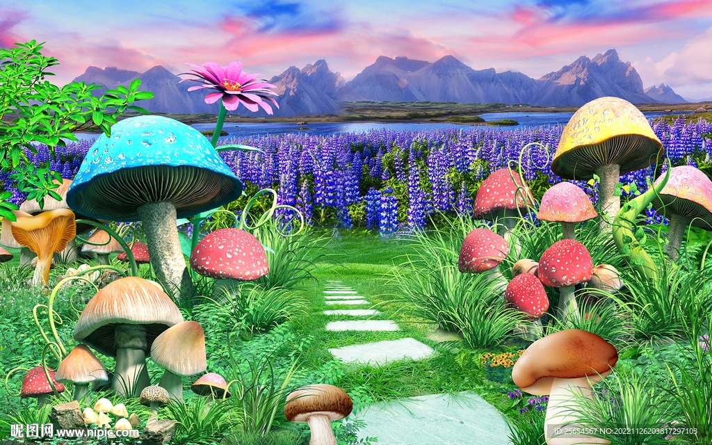 童话世界蘑菇梦幻背景墙