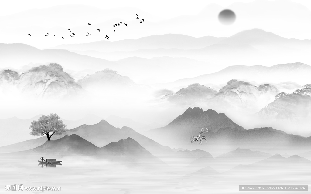 人气 高档灰山水画 tif分层