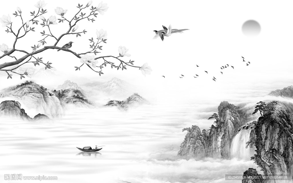 高端 高档灰山水画 tif分层