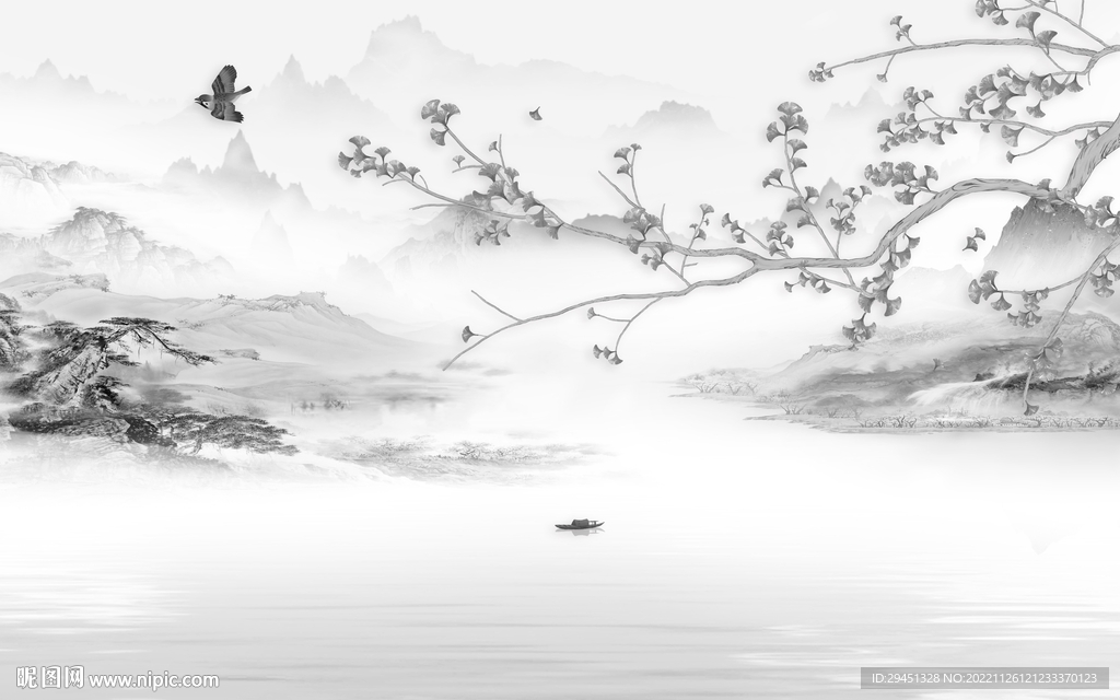 花鸟 灰色山水背景 tif分层
