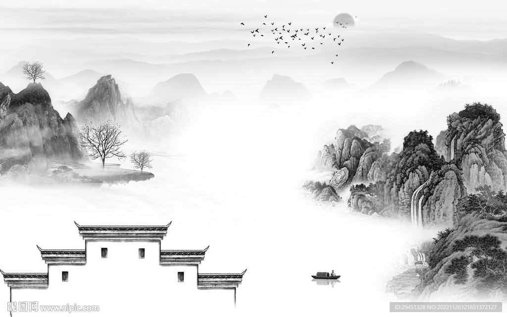 国画 灰色山水背景 tif分层