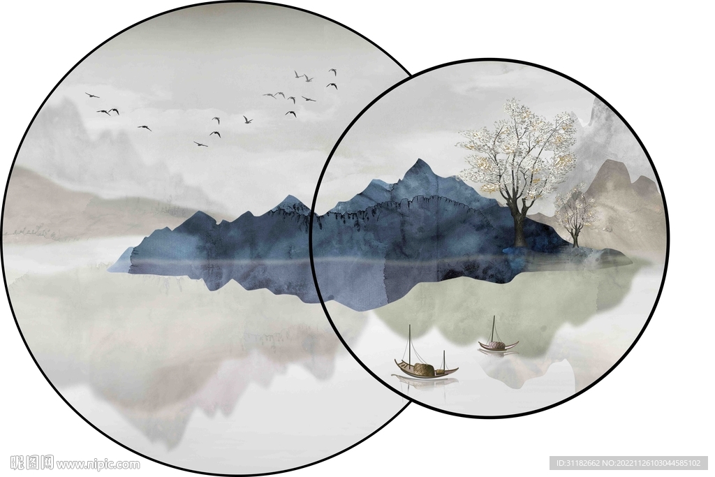 新中式山水叠画圆形玄关画