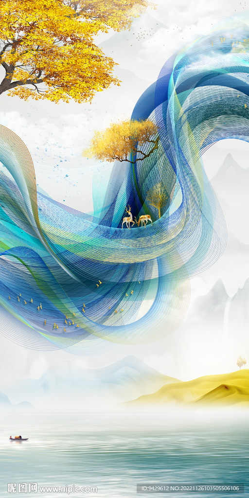 发财有鹿一帆风顺抽象意境装饰画