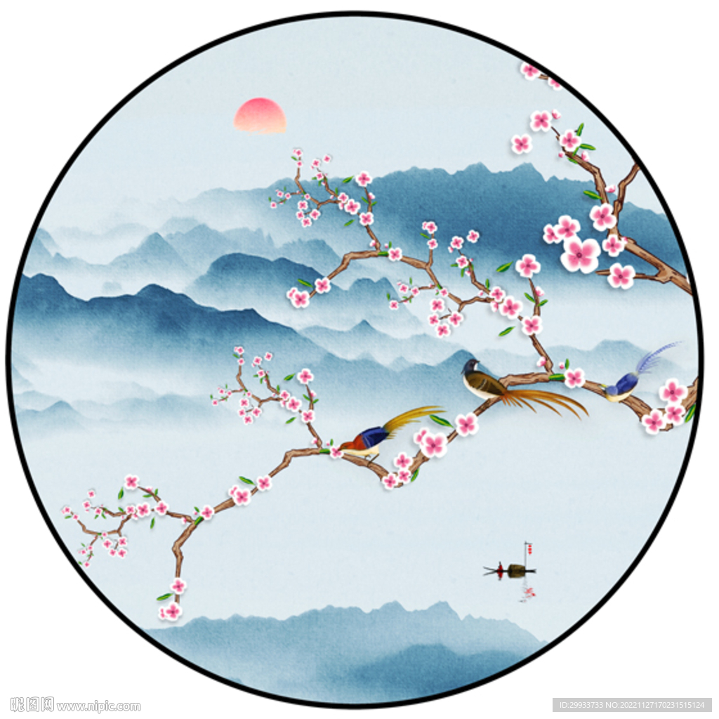 圆形山水花鸟图