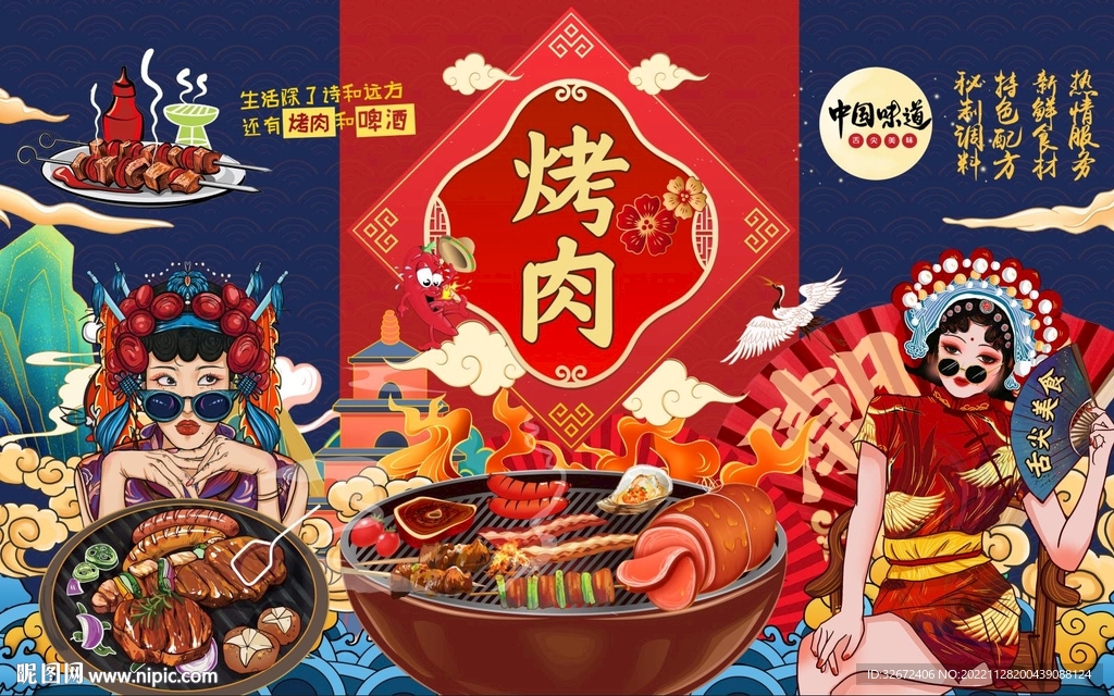 国潮风烤肉工装背景墙图片