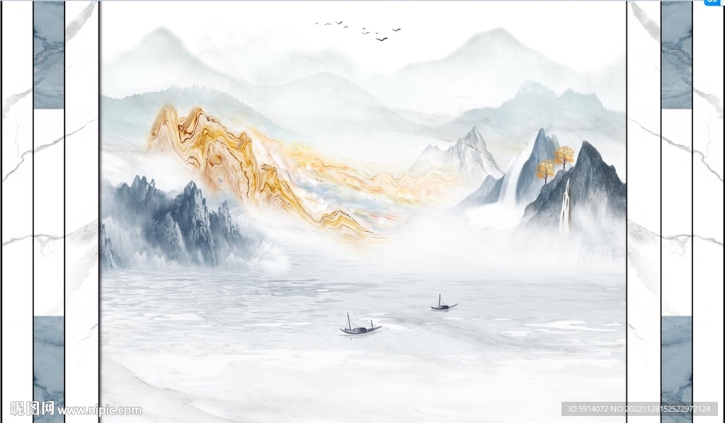 新中式山水画背景墙 小船