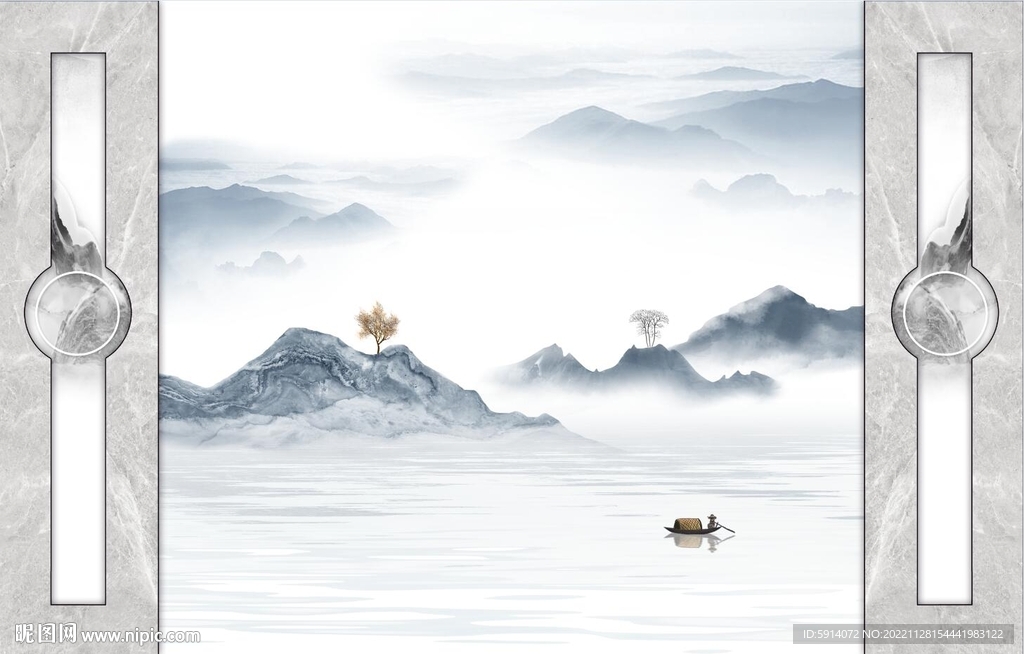 新中式山水画背景墙 小船