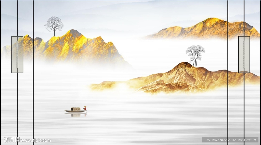 新中式山水画背景墙 小船