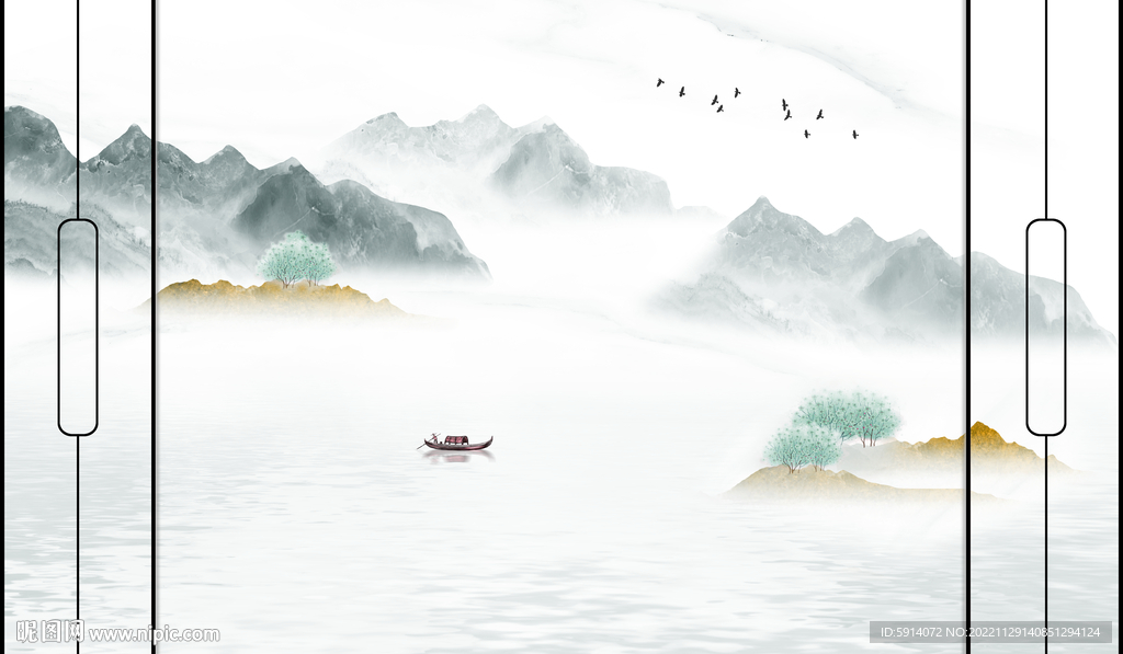 新中式山水画背景墙 小船