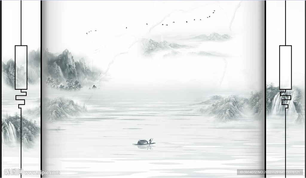 新中式山水画背景墙 小船