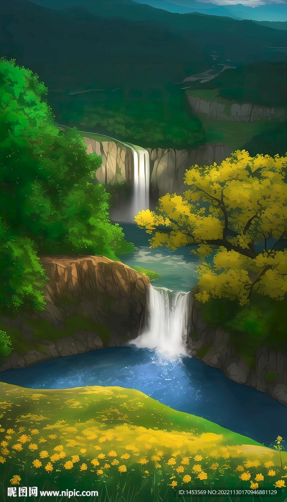 瀑布风景画