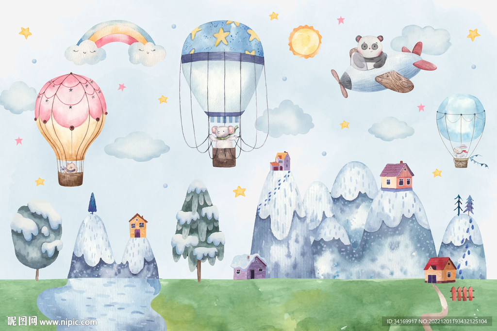 卡通热气球小动物水彩山峰背景墙