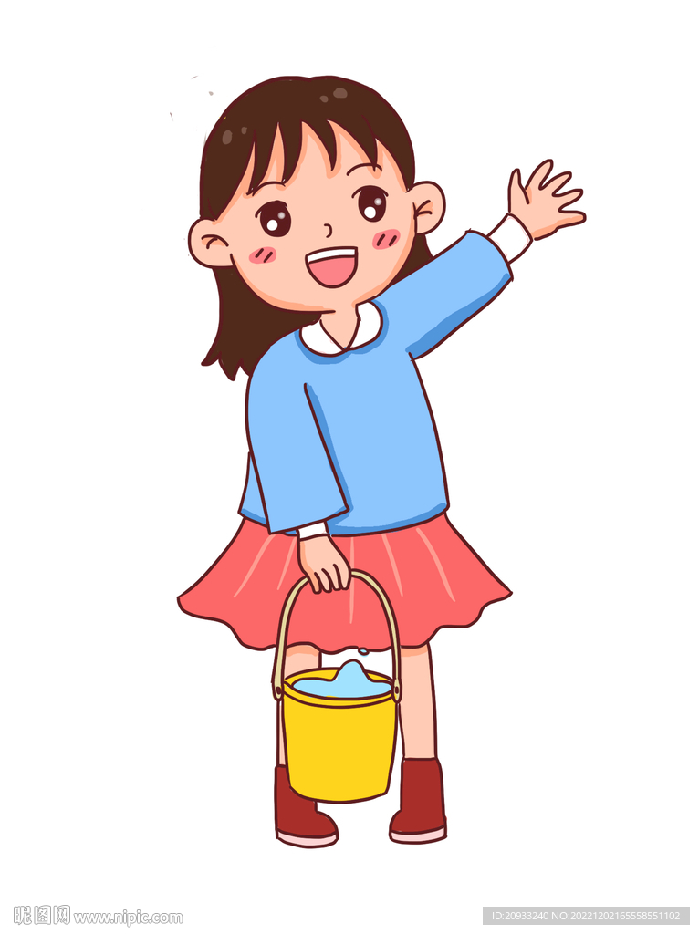 女孩提水手绘卡通元素