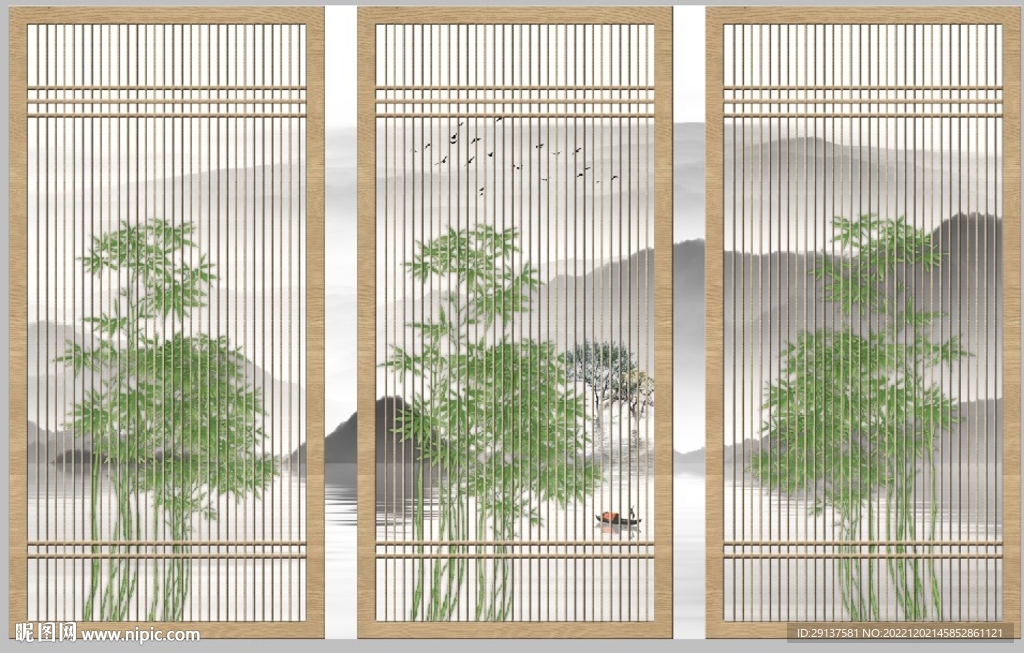 新中式竹子山水背景墙