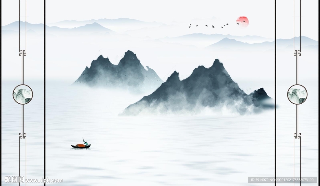 日出新中式山水画背景墙 小船