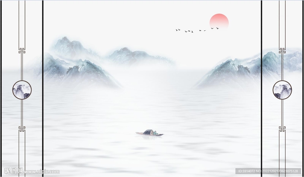 日出新中式山水画背景墙 小船