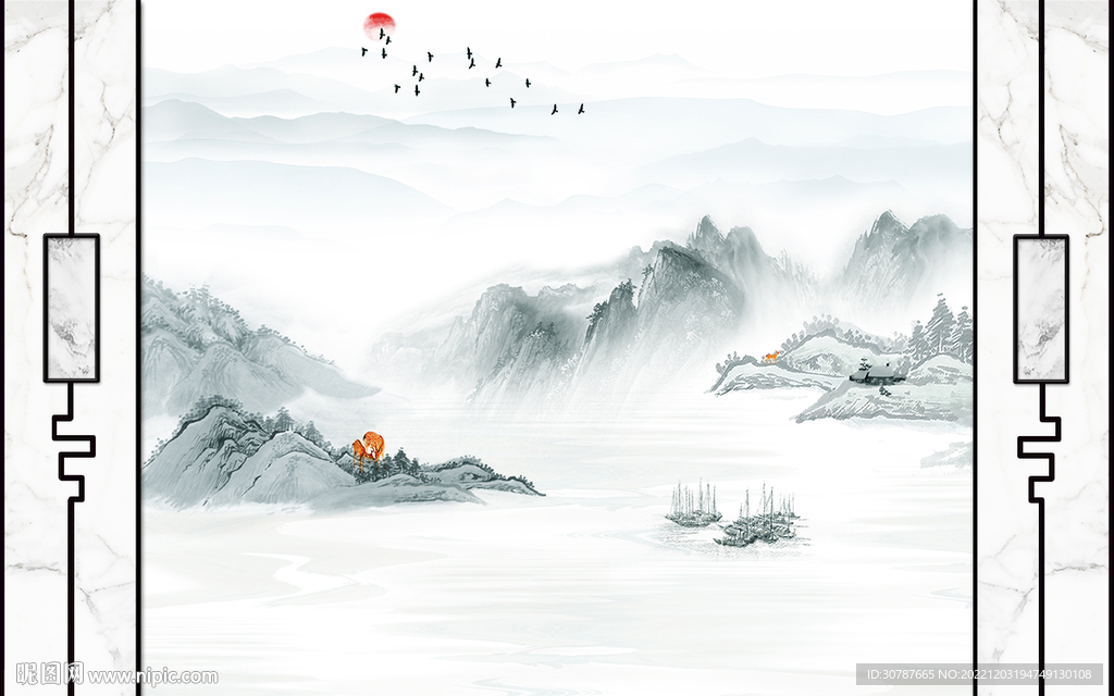 护墙板新中式山水背景墙