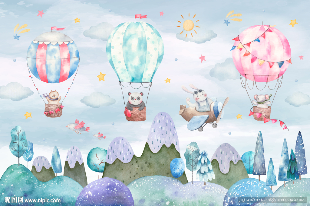 水彩卡通小动物热气球山峰背景墙