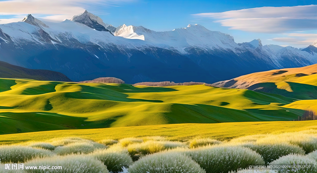 蓝天白云雪山草地