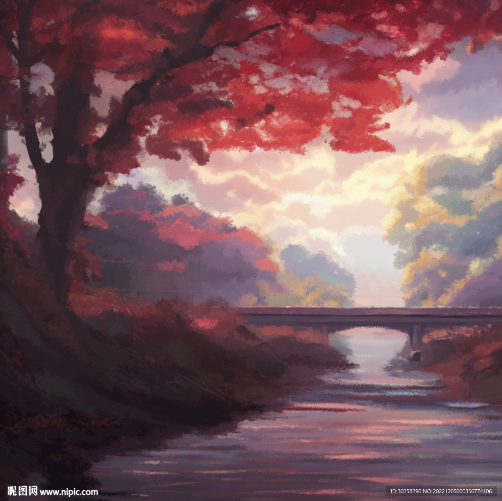 巨大的红枫与桥梁美景插画
