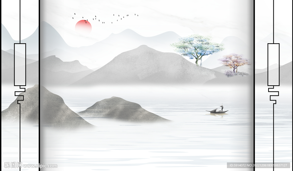 日出新中式山水画背景墙 小船