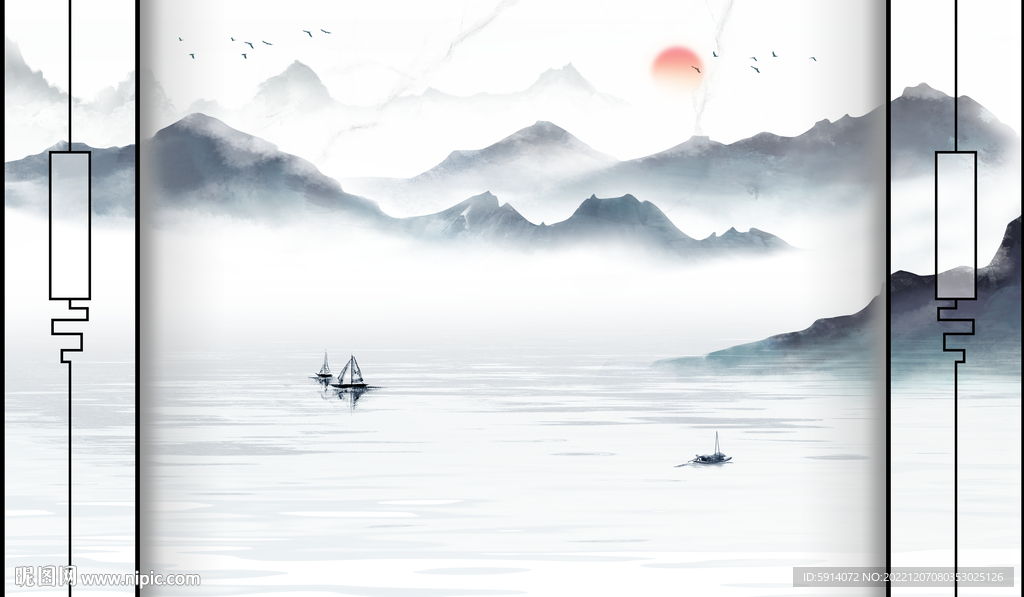 日出新中式山水画背景墙 小船