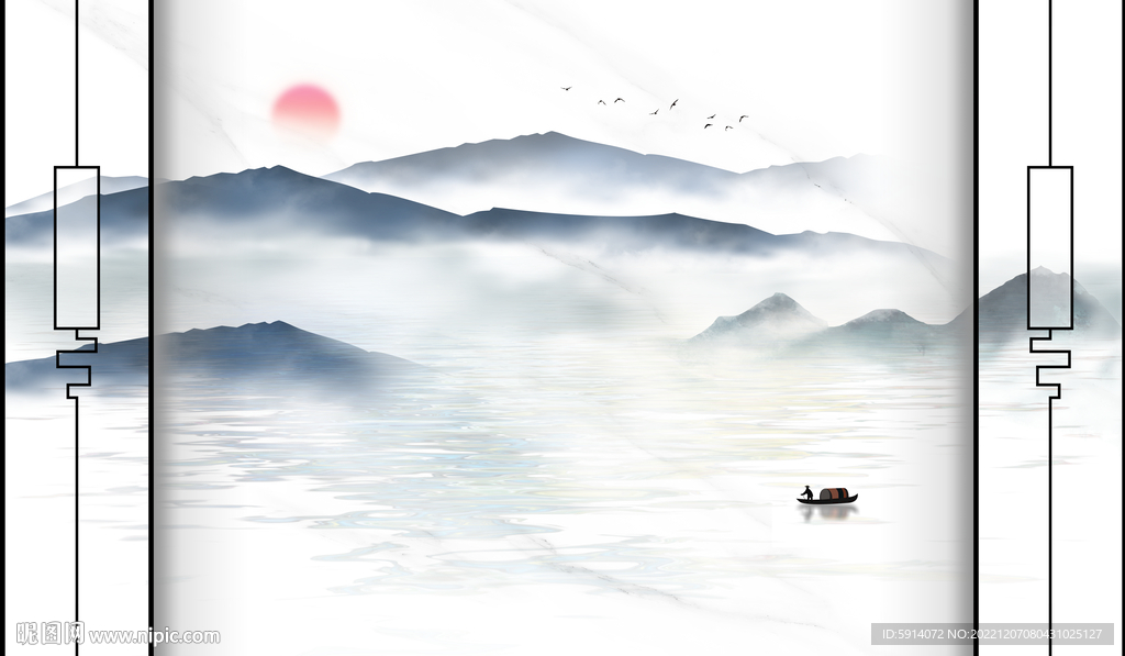 日出新中式山水画背景墙 小船