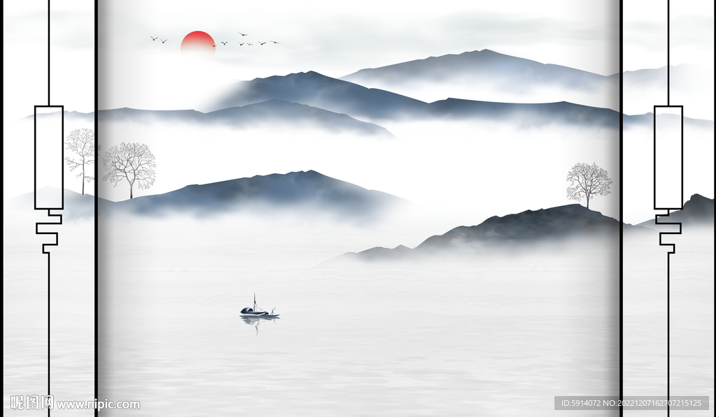 日出新中式山水画背景墙 小船
