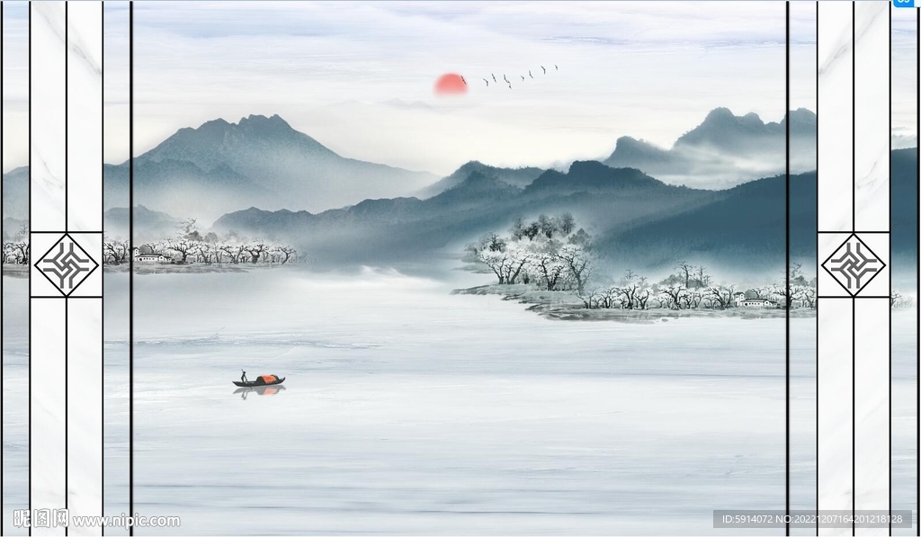 日出新中式山水画背景墙 小船