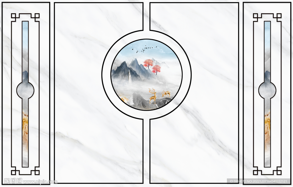 灰白根大理石背景墙 山水画