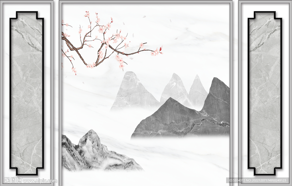 山水画背景墙 粉色花朵 梅花