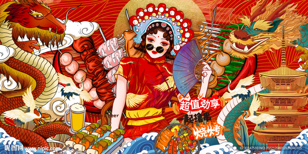 国潮烧烤撸串背景墙