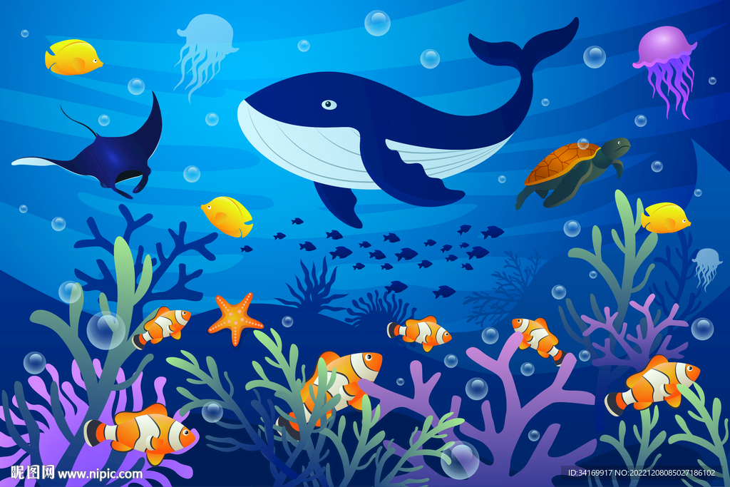 卡通鲸鱼海底世界热带鱼珊瑚背景