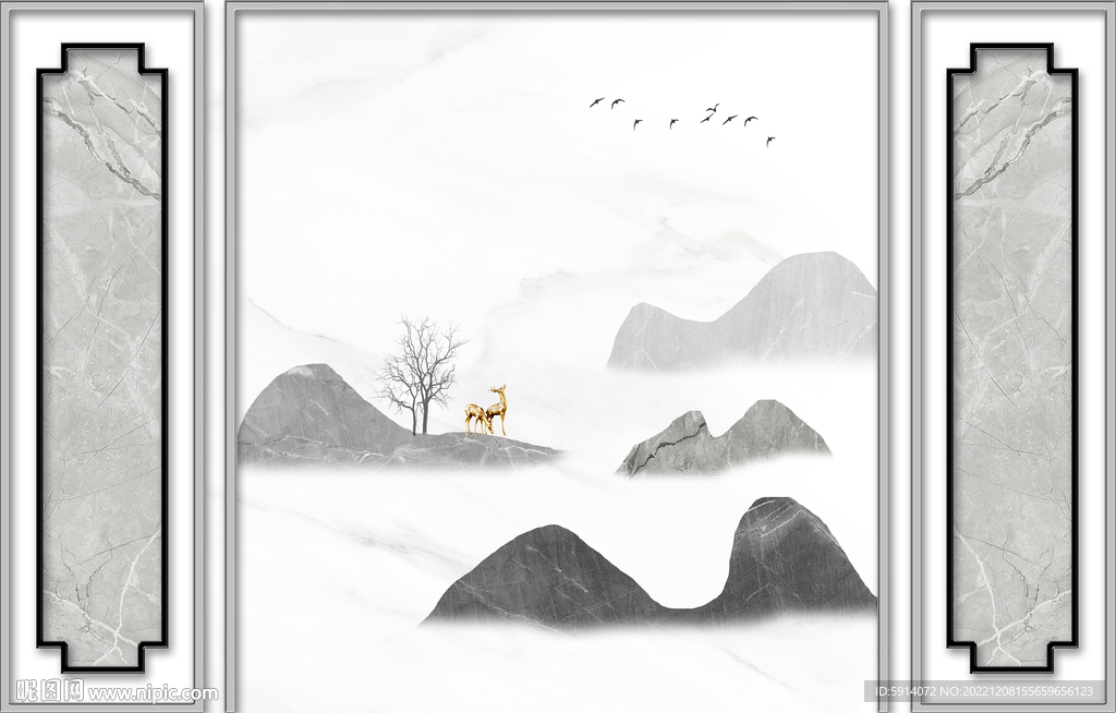山水画背景墙 麋鹿