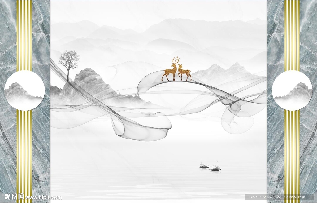 山水画背景墙 麋鹿 弧线