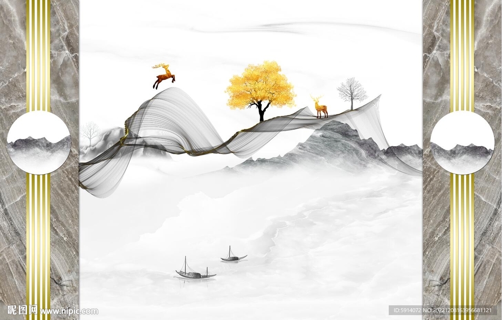 山水画背景墙 麋鹿 弧线