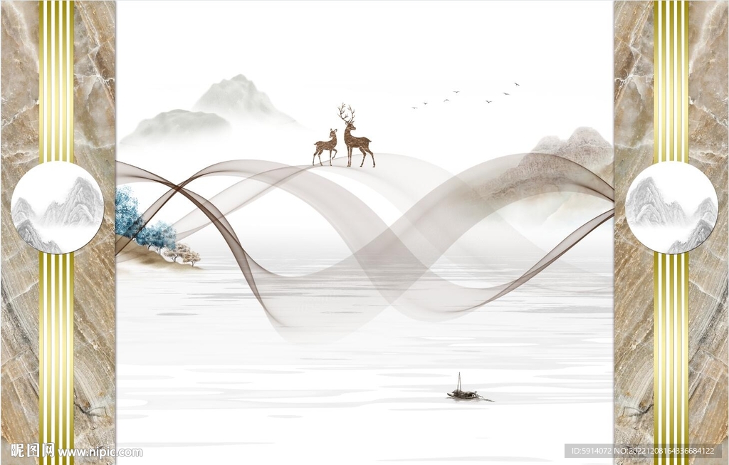 山水画背景墙 麋鹿 弧线
