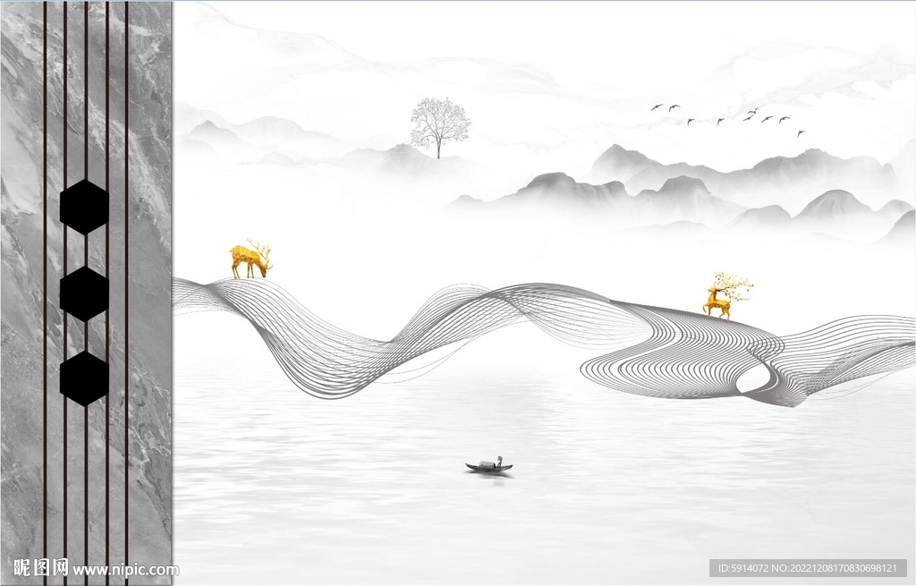 山水画背景墙 麋鹿 弧线