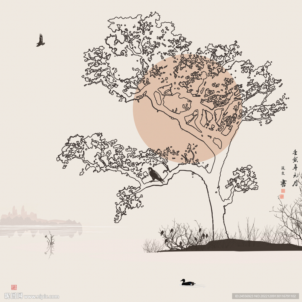 禅境水墨花鸟山水画